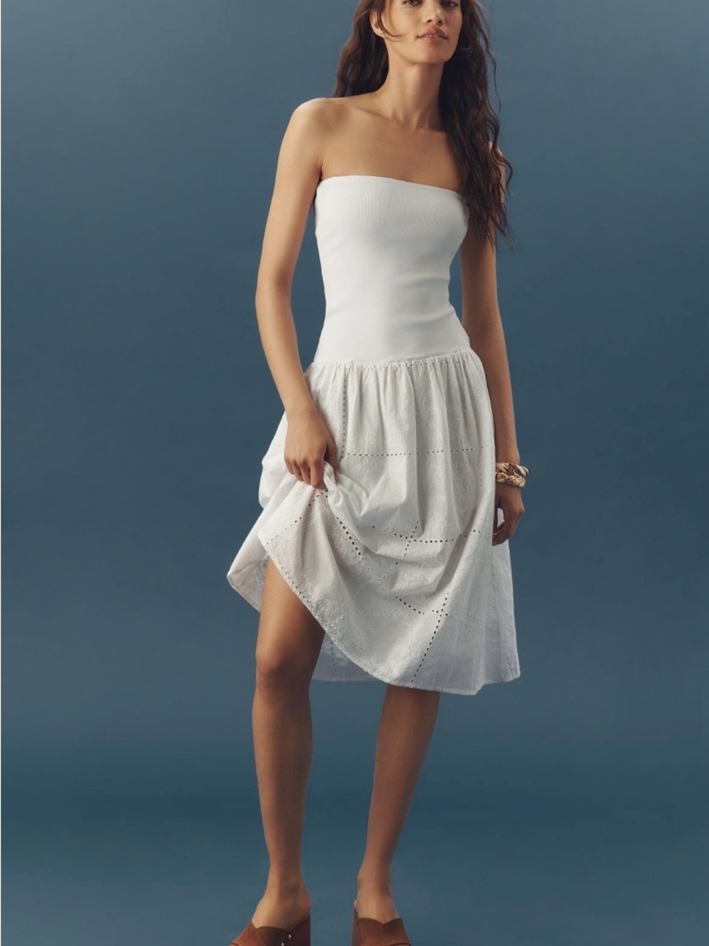 Anthropologie WeWoreWhat Cotton Strapless Ribbed Midi Dress (White) (M)